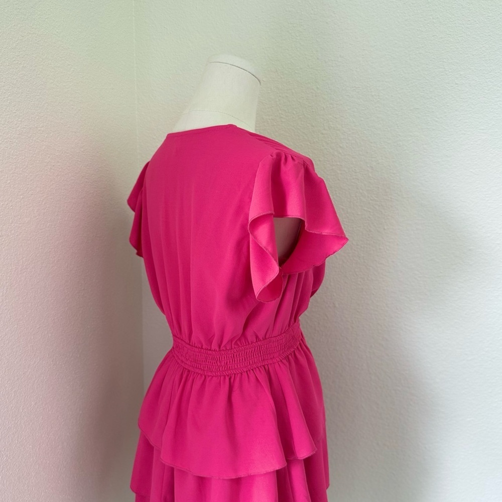 Ruffle Tiered V-Neck Mini Dress in Hot Pink - Picture 7 of 7